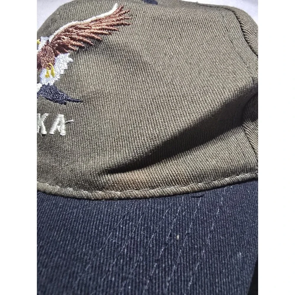 Vintage Alaska Snapback Hat Olive Green Black Embroidered Eagle Military Trucker